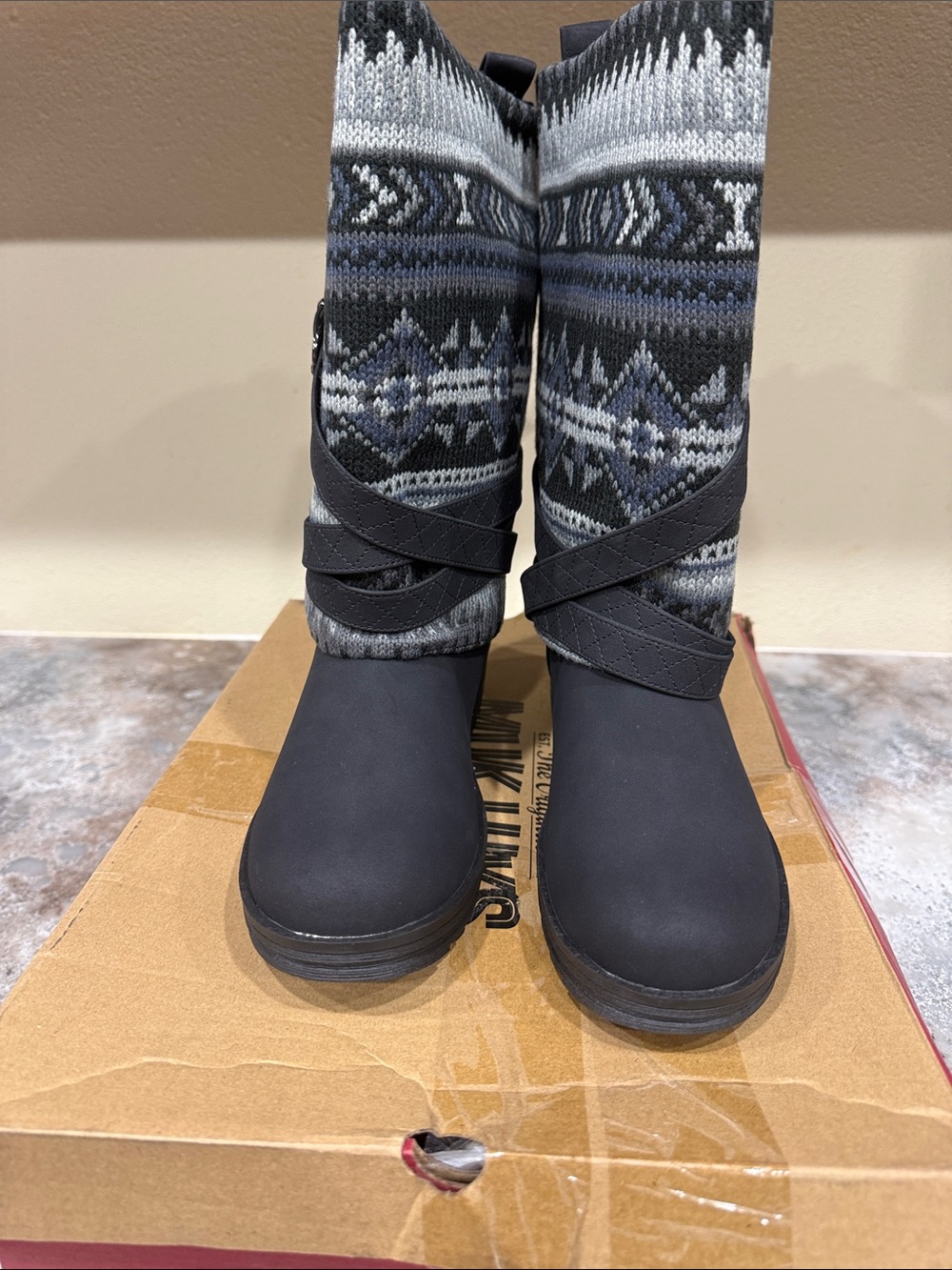 Muk Luks Black & Gray Knit-Trim Winter Rain Boots